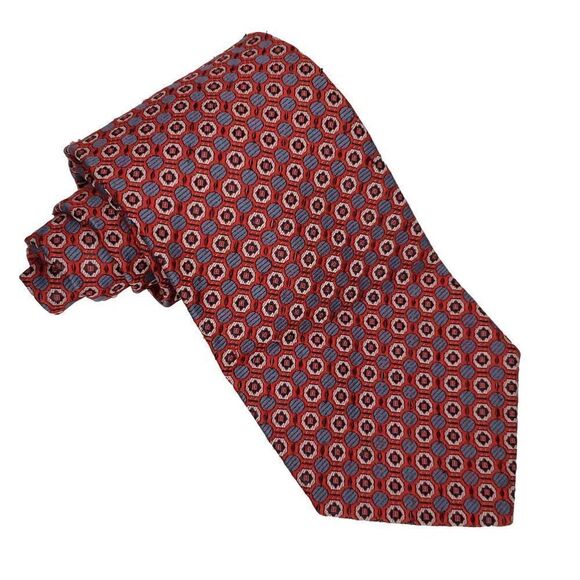 Vintage Leonardo Textured Foulard Necktie Geometric Medallion Red Gray Black - Picture 1 of 3